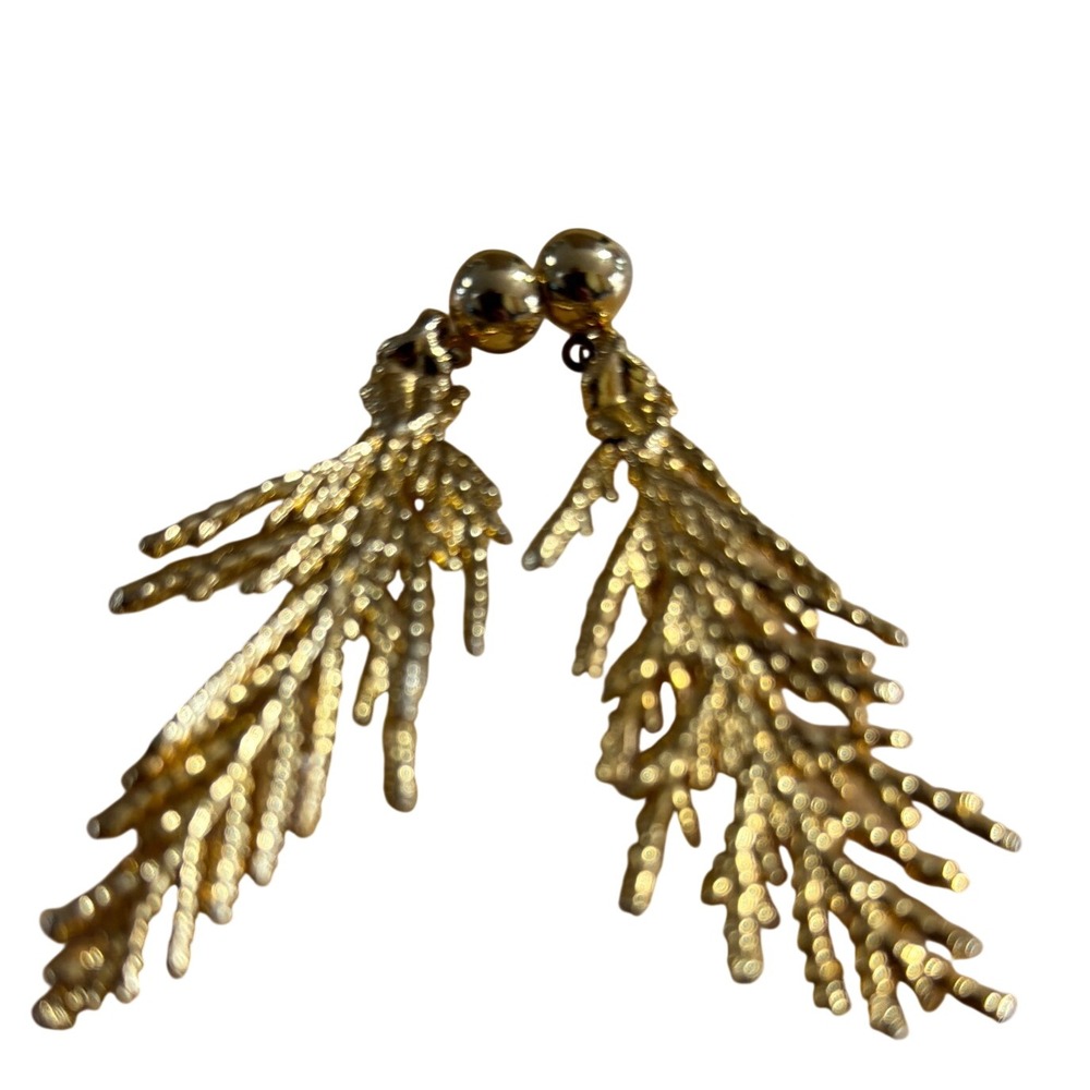 Gold Tone Textured Evergreen Branch Dangle Drop Statement Earrings Nature